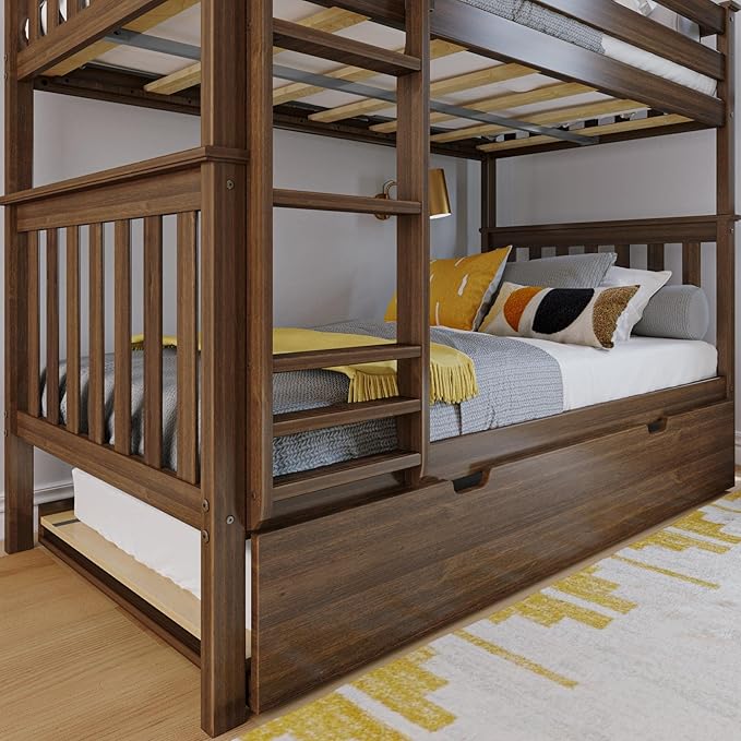 Max & Lily Bunk Bed, Twin-Over-Twin Bed Frame for Kids with Trundle, Walnut