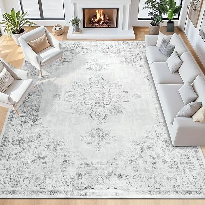 Area Rug 6x9, Washable Rug for Living Room, Large Area Rugs for Bedroom, Vintage Rug 6x9 for Dining Room, Non Slip Soft Low Pile Indoor Carpet for Kitchen, Nursery, Office, Farmhouse, Light Grey