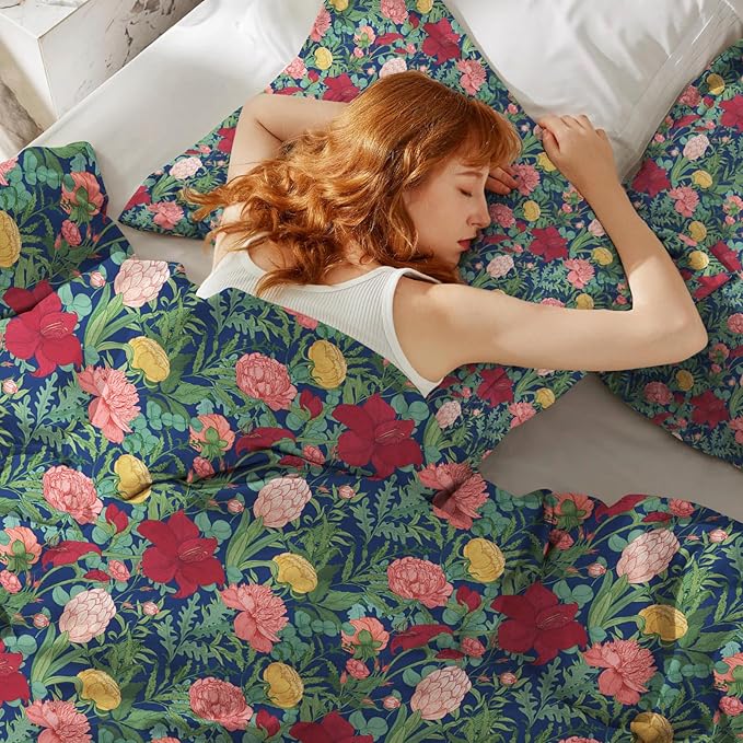 MAGRACE Green Floral Duvet Cover, 100% Cotton Casual Soft Double Original Design 3 Piece Queen Duvet Cover Set with Zipper Closure and Corner Ties