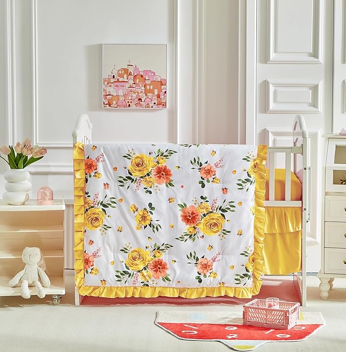 3 Pieces Flowers Crib Bedding Set Baby Ruffled Quilted Comforter with Fitted Sheet and Bed Skirt - Cute Ruffled Shabby Chic Baby Bedding Soft Blanket Floral Design