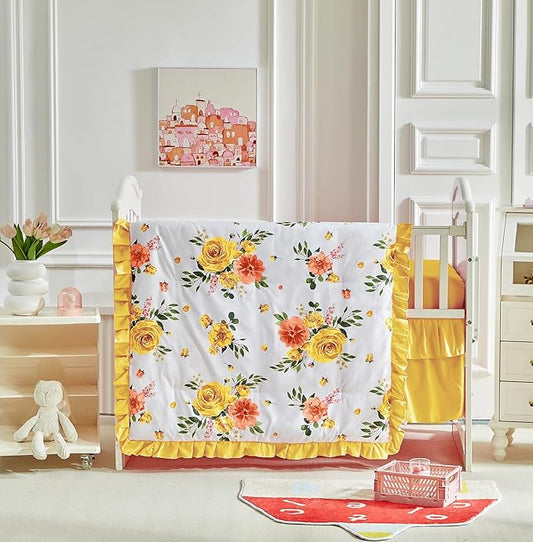 3 Pieces Flowers Crib Bedding Set Baby Ruffled Quilted Comforter with Fitted Sheet and Bed Skirt - Cute Ruffled Shabby Chic Baby Bedding Soft Blanket Floral Design