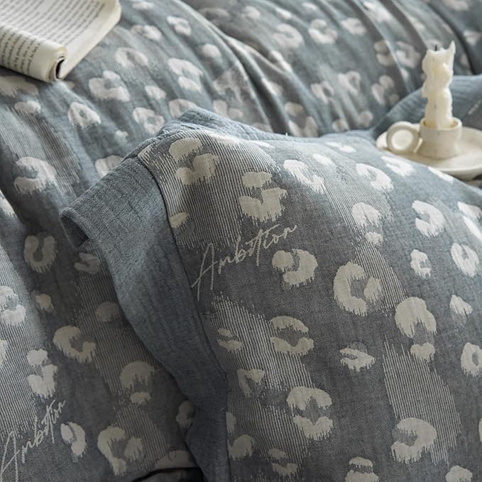 Grey Leopard Print Duvet Cover Queen Yarn-Dyed Cotton Linen Textured Duvet Cover Jacquard Design Bedding Set Queen Vintage Animal Cheetah Print Comforter Cover Leopard Pattern Boho Floral Bedding Set