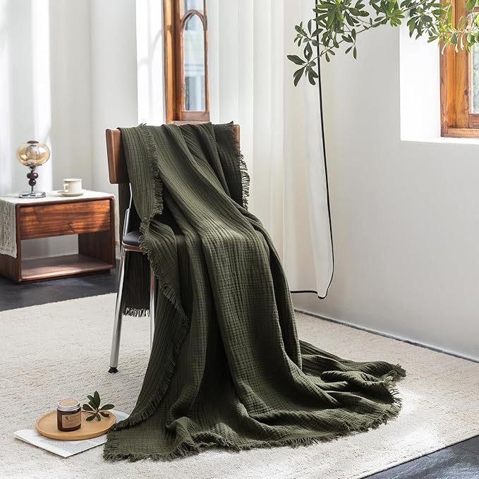 FOSSA Muslin Blanket with Fringe - 4-Layer 100% Cotton Gauze Super Soft & Breathable Throw -Lightweight Decorative Cooling Blanket for Bed, Sofa, Office -Twin XL Size 90" × 66" (Olive Green)