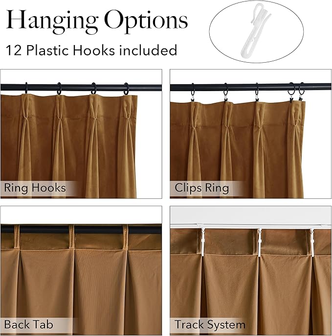 StangH Gold Brown Pinch Pleat Velvet Curtains 108 inches, Thermal Insulated Floor to Ceiling Drapes Luxury Elegant Home Decor for Bedroom Home Office, W72 x L108, 1 Panel