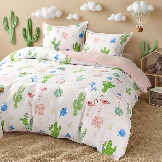 Simple&Opulence 100% Organic Cotton Duvet Cover for Kids Teens, 4 Pieces Soft Comforter Cover with Zipper Closure Warm Adorable Flamingo Bedding Set - Cactus, Full/Queen