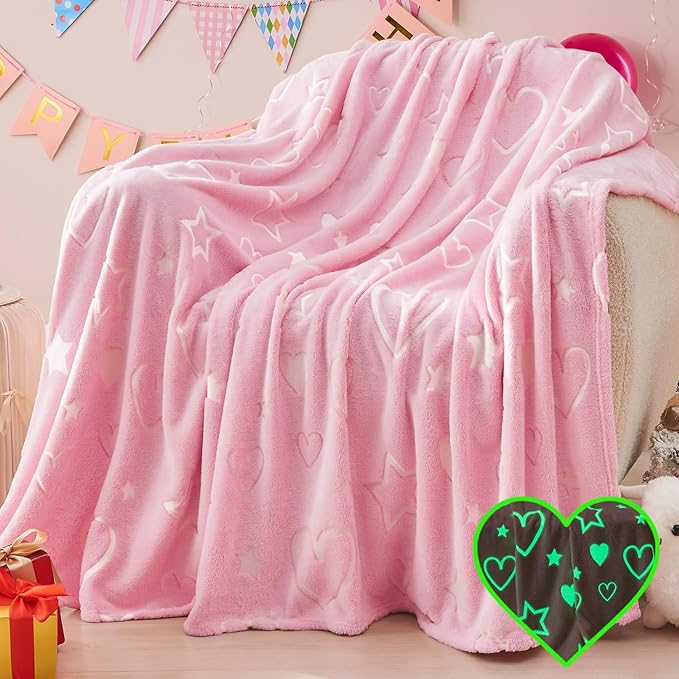 inhand Birthday Gifts Toys for Girl Pink Heart Glow in The Dark Blanket Thanksgiving Throw Blanket Cute Kids Blanket Soft Fleece Throw Blanket for Kids（40x60 Pink Heart）