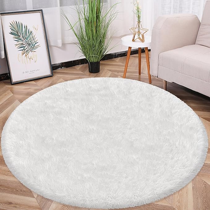 5 ft Round Fluffy White Rug for Bedroom,Tie Dyed Furry Round Carpet Non Slip Fuzzy Shaggy Plush Circle Area Rug for Living Room Teen's Room Nursery Room Playroom Kids Room Home Decor Washable