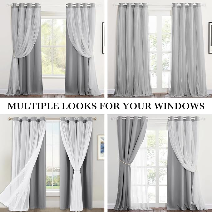 PONY DANCE Blackout Curtains 84 Inches Long - White Sheer Overlay Double Layer Thermal Insulated Drapess for Living Bedroom with Tiebacks,(W52 x L84 inch, Silver Grey, One Pair Grommet Drapes)