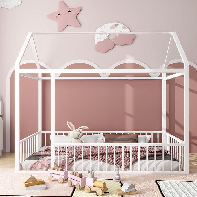 Bellemave Twin Size Montessori Floor Bed, Metal House Bed Framefor Kids, Montessori Floor Beds with Fence, Playhouse for Kids,White