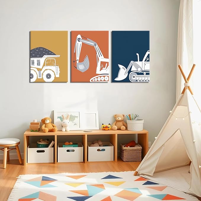 AKWISH Framed Nursery Construction Truck Wall Art Set of 3 – Cute Excavator Tractor Dump Truck Canvas Prints, Boys Bedroom and Baby Room Wall Decor, Playroom Vehicle Artwork – 16x24in