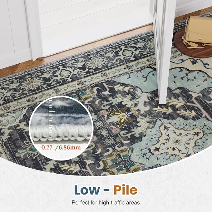 AMTOVO 2x3 Washable Entryway Area Rug Door Mat, Vintage Boho Distressed Print Pattern Non-Slip Carpet, Small Throw Rug for Indoor Entrance Kitchen Bedroom Bathroom Laundry Floor, Grayish Blue