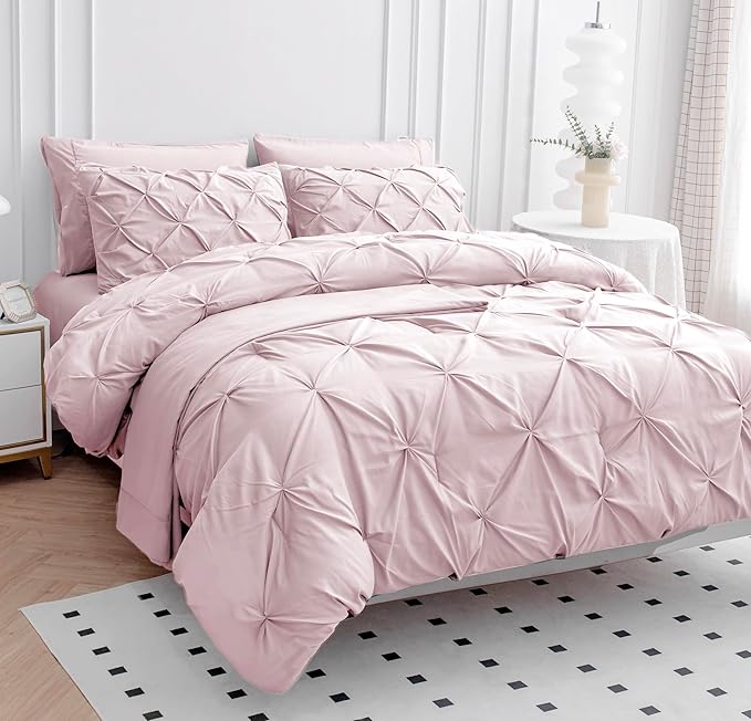 LANE LINEN Twin Comforter Set, 5 Piece Twin Size Bed in a Bag Sets, Pintuck Bedding Sets & Collections with Pink Comforter, Sheets, Pillowcases & Shams, Soft Twin Bedding Set - Sepia Rose