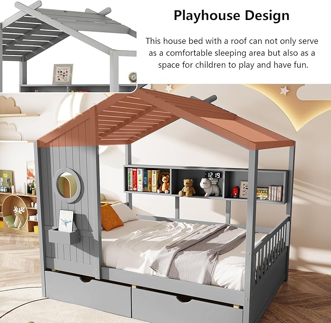 Aoowow Full Size House Bed with Storage Shelves and Drawers, Wood Platform Kids House Bed with Window and Roof for Bedroom, Full Playhouse Bed Frames for Boys Girls, Can be Decorated, Grey