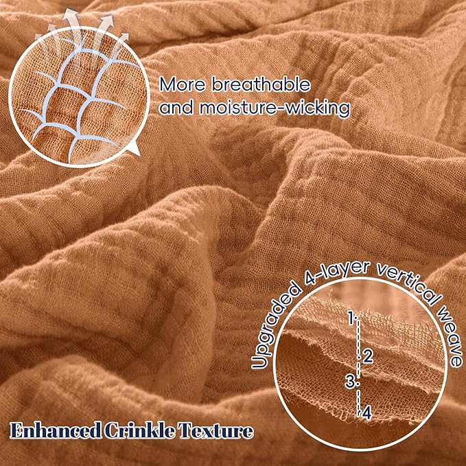 PHF 100% Cotton Muslin Blanket King Size 108"x90", 4-Layer Lightweight Gauze Throw, Breathable Cloud-Soft Minimalist Blanket for Bed, Couch, Camping & Baby, Caramel, Ideal Gift