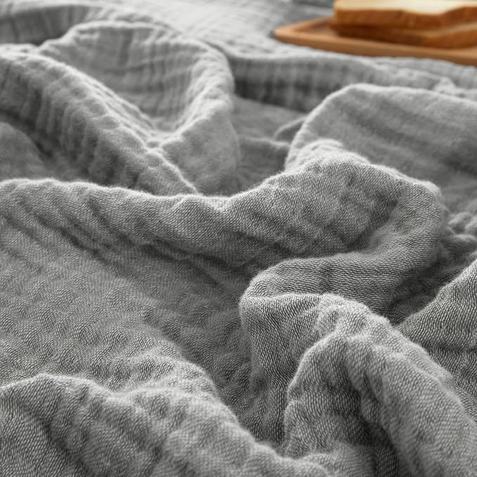 PHF 100% Cotton Muslin Throw Blanket 50" x 60", 4-Layer Lightweight Gauze Throw, Breathable Cloud-Soft Minimalist Blanket for Bed, Couch, Camping & Baby, Grey, Ideal Gift