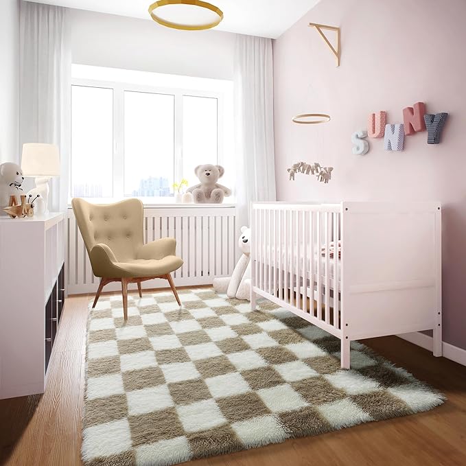 KICMOR Area Rugs for Bedroom Living Room, 4x6 Fluffy Soft Beige and Cream White Checkered Rug Fuzzy Shag Shaggy Carpet, Indoor Plush Rugs for Kids Boys Girls Dorm Nursery Office Home Decor Aesthetic
