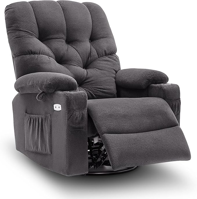 MCombo Electric Power Swivel Glider Rocker Recliner Chair with Cup Holders for Nursery, Hand Remote Control, USB Ports, 2 Side & Front Pockets, Plush Fabric 7797 (Grey)