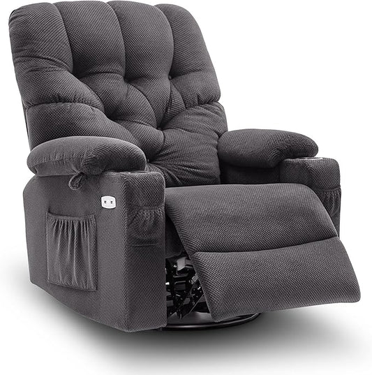 MCombo Electric Power Swivel Glider Rocker Recliner Chair with Cup Holders for Nursery, Hand Remote Control, USB Ports, 2 Side & Front Pockets, Plush Fabric 7797 (Grey)