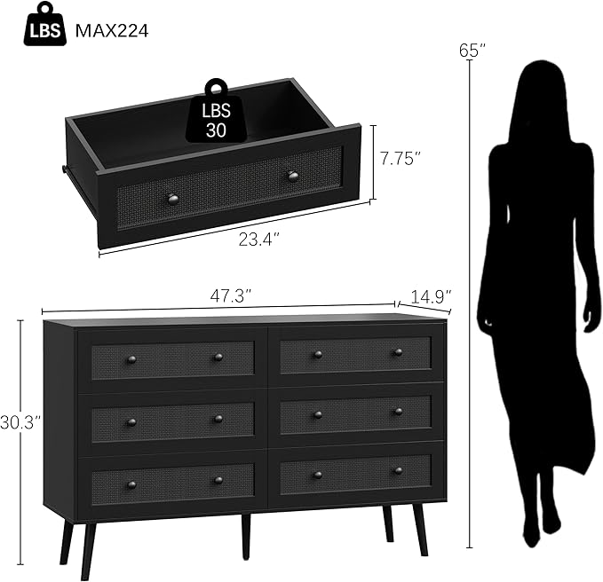 6 Drawer Dresser for Bedroom, 47.3" Rattan Chest of Drawers with Wooden Knobs, Natural Wood Dresser for Closet TV Stand Storage Organizer for Bedroom, Hallway, Office, Black