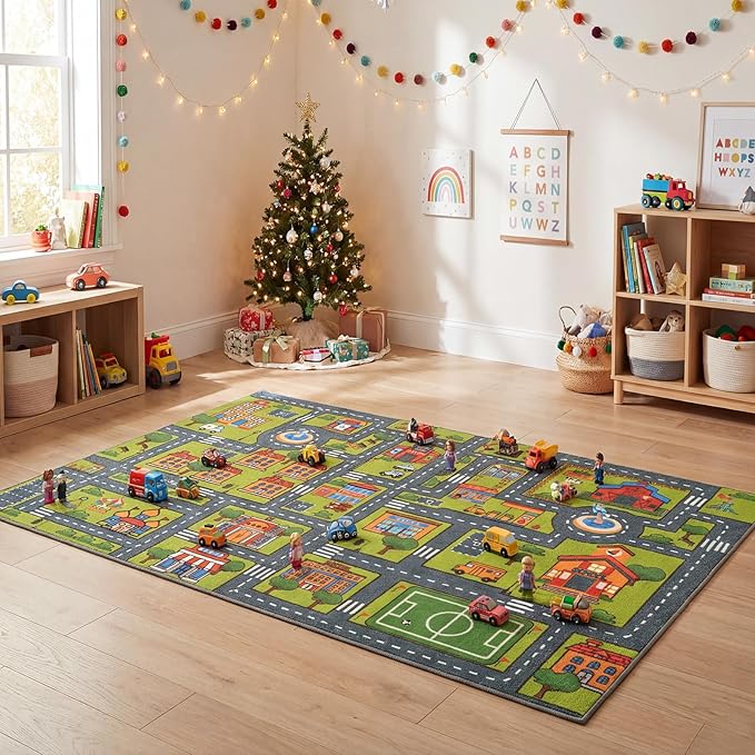 Merelax 6x9 Kids Car Area Rug, Grey Green Area Road Rugs for Living Room Playroom Classroom Bedroom, Non Slip Kids Play mat, Washable Rug, Educational City Traffic Map Fun Car Carpet for Ages 3-12
