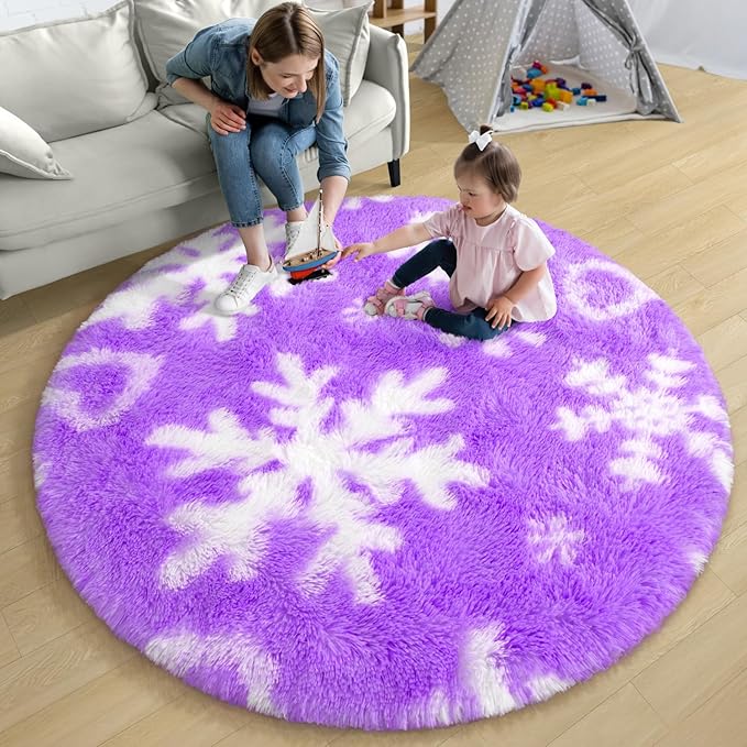 EVOIONOS Round Purple Rugs for Girl Bedroom, 4x4 Feet Fluffy Circle Purple Snowflake Rug for Room Decor, Circular Plush Snowflake Carpet for Kids Room Playroom Nursery Decor, Cute Snowflake Rug