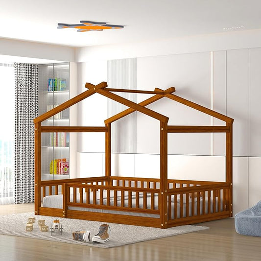 Merax Full Size Wooden House Bed with Fence, Wood Bed Frame with Roof and Safety Guardrail for Kids, Teens, Boys or Girls, Walnut