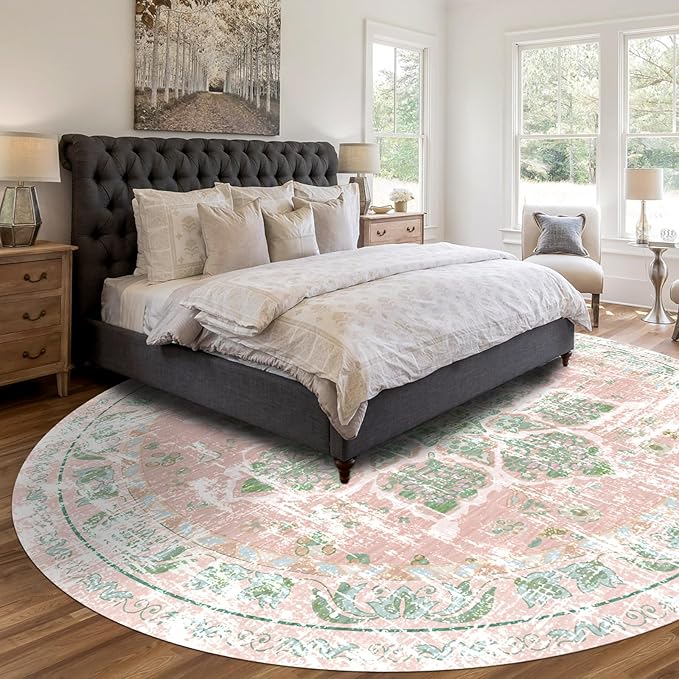 Vhong Boho Area Rugs Vintage Washable Modern Neutral 9×9 Round Carpet Dusty Pink and Green High Traffic Rugs for Dinning Room Living Room Bedroom Farmhouse Non Slip