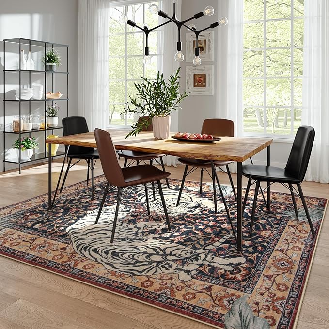 Moynesa Tiger Washable Area Rugs 8x10, Large Boho Rugs for Living Room, Vintage Non Slip Dining Room Rugs for Under Table, Ultra Thin Soft Floor Carpet for Office Bedroom, Puce Red