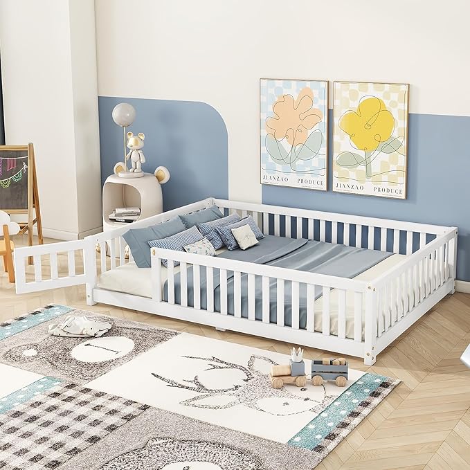 Bellemave Full Size Floor Bed with Slats and Safety Guardrail, Full Size Montessori Floor Bed with Fence and Door, Easy Assemble Montessori Beds for Kids, Girls, Boys, White