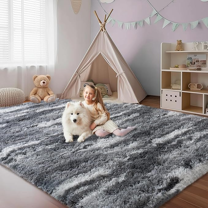 Fluffy Rugs for Bedroom Living Room, 4x6 Feet Abstract Grey Shag Area Rugs, Non-Slip Indoor Modern Fuzzy Plush Floor Carpet for Dorm Nursery Kids Room Decor, Soft Shaggy Throw Rug