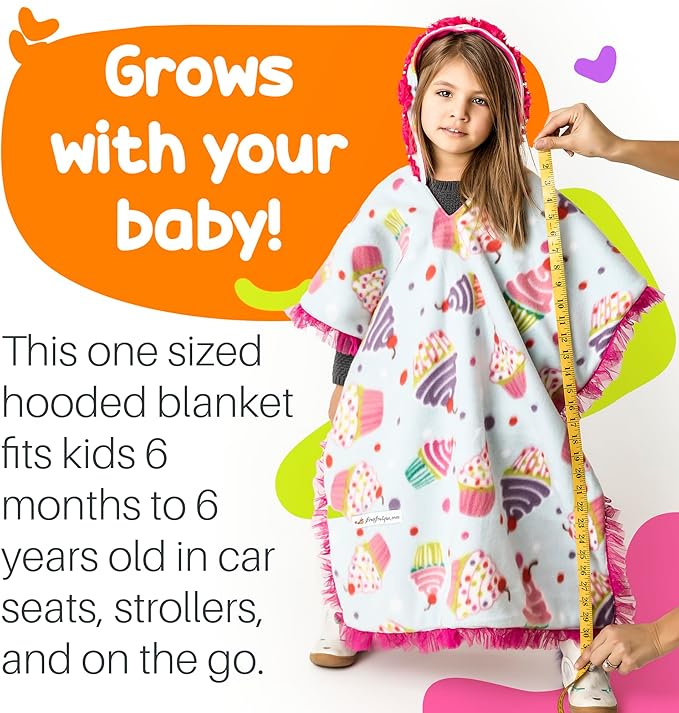 Birdy Boutique Car Seat Poncho for Kids – Reversible Warm Blanket with Hoodie – Safe to Use Over Seat Belts – Easy On, Easy Off, and Doesn’t Impact Seat Performance - Cupcake – One Size