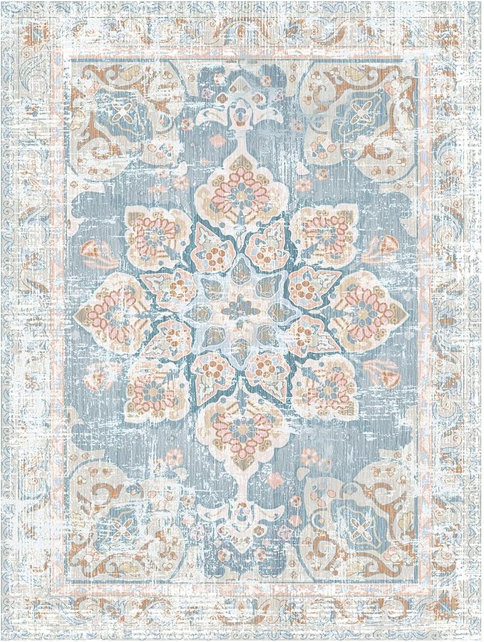 Vhong Washable Area Rugs Boho Vintage Neutral Modern Pale Blue 3x5 Non Slip Small Carpet for Living Room Dining Room Bedroom Farmhouse