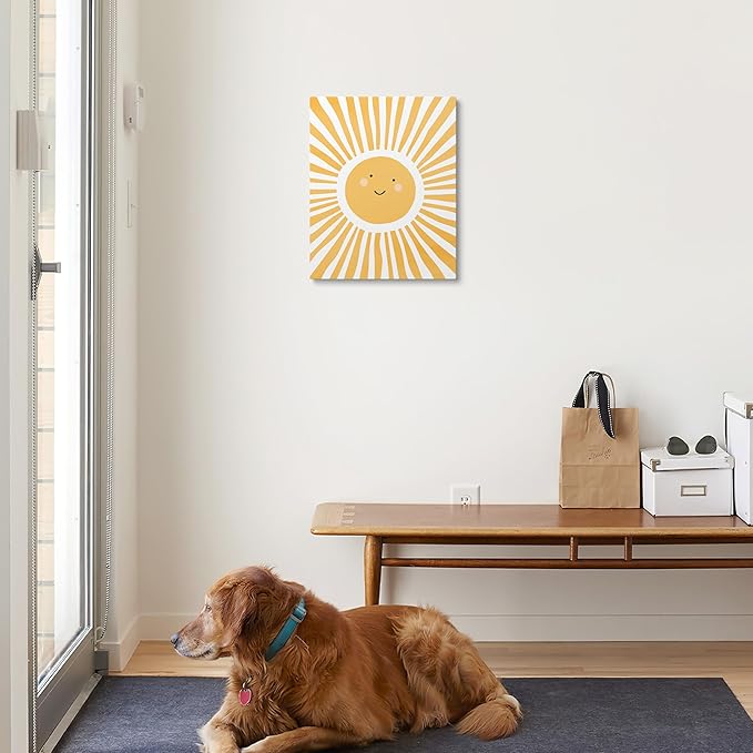 XWELLDAN Cute Cartoon Smiling Sun Cheerful Nursery Wall Art Canvas Prints,Watercolor Boho Neutral Sun Sunshine Wall Art Decor for Kids Baby Bedroom Nursery Playroom, 8x10 Inch, Framed