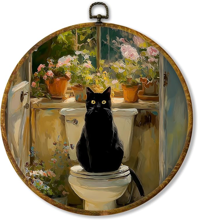 Hiuwevt Black Cat Round Wall Art Decor, Cat Bathroom Decor, Vintage Farmhouse Floral Toilet Hanging Canvas Prints Wall Decor for Bathroom Washroom Restroom, 10x10 Inches
