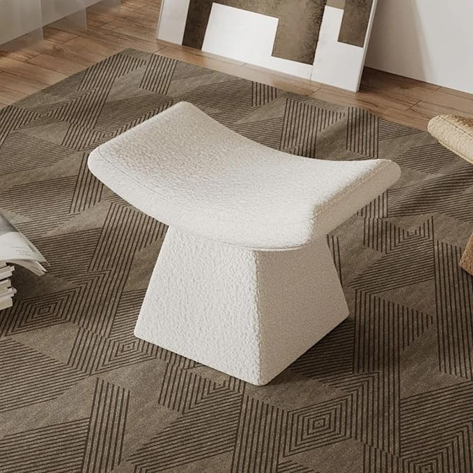 homary Vanity Chair Boucle Curve Ottoman, Plush Upholstered Foot Stool for Lving Room, High-Resilience Foam Chair for Bedroom, Stool Short for Entryways (White)