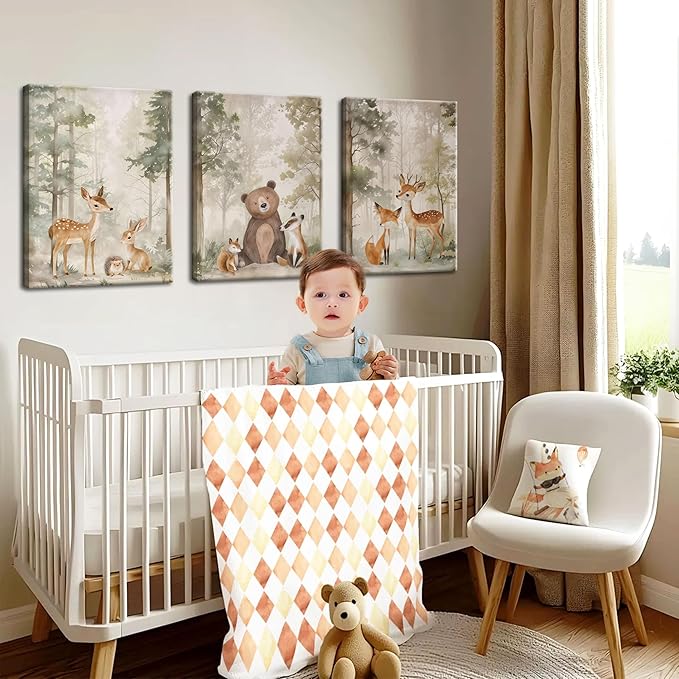 Nursery Canvas Wall Art Set of 3 - Woodland Wild Animals Bear Fox Deer Watercolor Paintings Pictures Wall Decor, Forest Animal Decor for Boys Girls Room Decoration 12x16 inch Framed