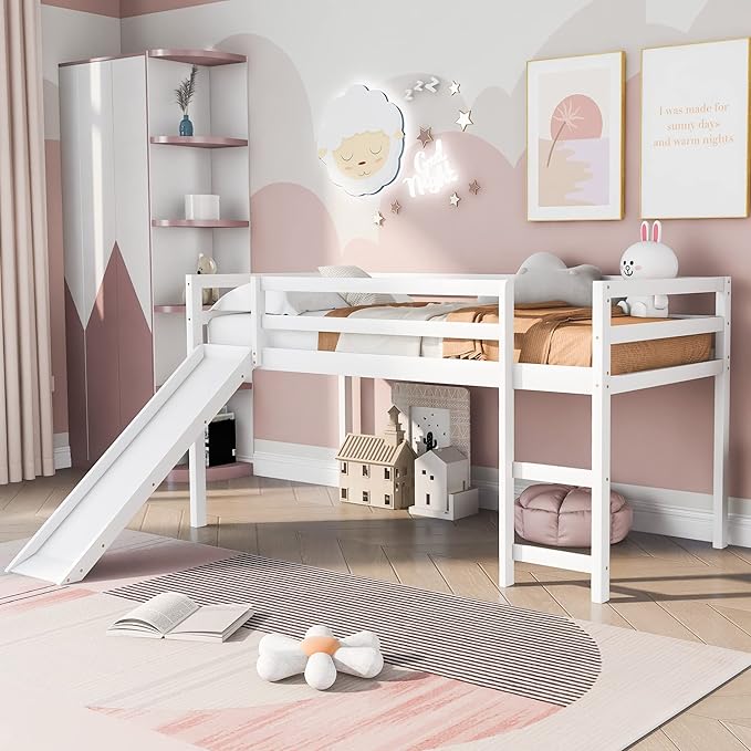 Loft Twin Bed Frame for Boys Girls Kids Toddler with Slide, Multifunctional Design, Twin (White)