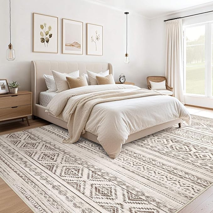 Area Rugs for Living Room Washable Living Room Rug Soft Neutral Indoor Floor Carpet Non-Slip Stain Resistant Modern Boho Rugs for Bedroom Dining Room Kids Room Nursery Office Home Dark Brown