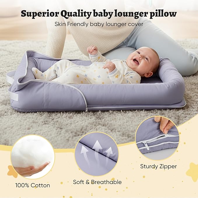 Miereirl Baby Lounger for Newborn, Dock A Tot & Baby Lounger Pillow with Soft Cotton, Infant Lounger for 0-24 Months, Baby Nest Lounger, Essentials Gifts Nest Cover - Grey