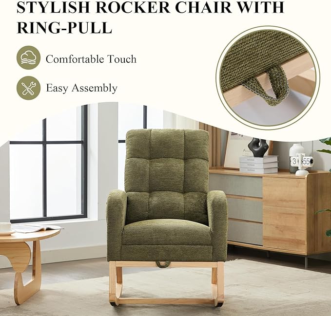 Nursery Rocking Chair, Polyester Upholstered Glider Chair with Footrest, Comfy Rocker Chair, Accent Chair with High Backrest, Glider Rocker, Armchair for Living Room (Green Linen)