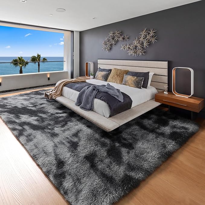 ONASAR 8x10 Area Rugs for Living Room, Tie-Dyed Dark Grey Fluffy Shag Large Bedroom Rug, Black Gray Washable Soft Plush Thick Floor Big Indoor Carpet for Nursery Kids Boys Girls Teen Dorm Home Decor
