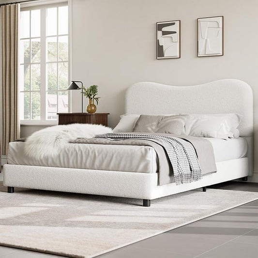 Senfot White Boucle Bed Frame with Upholstered Headboard, Soft Low Profile Sturdy Platform Bed with Rounded Corners Design, Heavy Duty, Wooden Slats, Noise Free, No Box Spring Needed, Full Size
