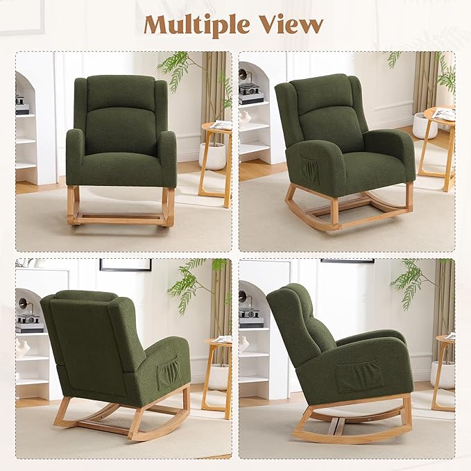 Rocking Chair Nursery, Nursing Rocking Chairs for Mom Nursery, Comfy Teddy Glider Rocking Armchair with Foot Rest for Nursery Living Room Bedroom, Green
