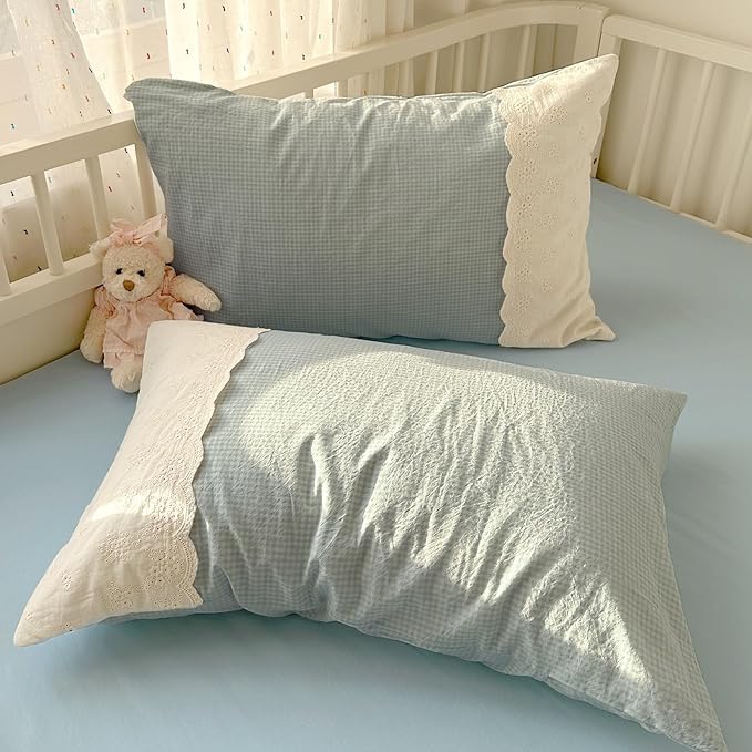 LifeTB Blue Gingham Duvet Cover Twin 3 Pieces Blue Plaid Comforter Cover with Chic White Lace Soft Microfiber Checkered Grid Duvet Cover with 2 Pillowcases Breathable Gingham Plaid Bedding Set