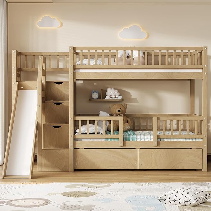 Twin Over Twin Bunk Bed with Storage Staircase, Solid Wood Bunk Bed Frame with Slide and 2 Drawers for Kids Teens Adult Bedroom, No Box Spring Needed (Walnut/63r)