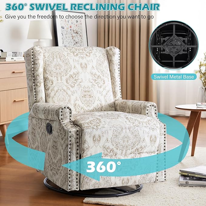 UIXE Swivel Glider Recliner Chairs Set of 2, High Back Nursery Rocker Fabric Accent Chair for Living Room, Rivet Trim Upholstered Armchair Manual Reclining Sofa Seating - Beige Floral