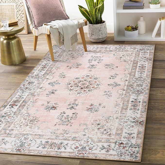 Lahome Pink 3x5 Entryway Rug Indoor, Neutral Distressed Washable Floral Print Area Rugs for Girls Bedroom Laundry Bathroom, Soft Non-Slip Water Repellent Mat for Floor Protection