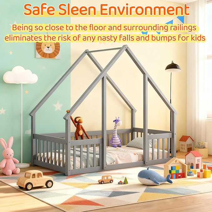 Casaphoria Twin Size House-Shaped Montessori Bedframe, Solid Pine Wood Kids Bed Frame, Toddler Floor Bed with Door & Fence for 1-3 Years Old Kids, Grey