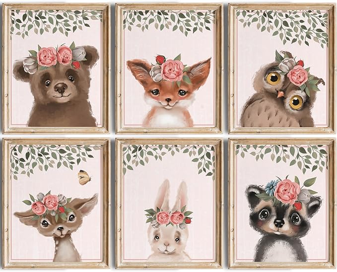 DREAM BIG PRINTABLES Woodland Animals Nursery Wall Art Prints (Set of 6) - Unframed - 8x10s | Set Includes Bear, Fox, Owl, Deer, Bunny Rabbit, and Raccoon wearing Floral Crowns
