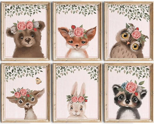 DREAM BIG PRINTABLES Woodland Animals Nursery Wall Art Prints (Set of 6) - Unframed - 8x10s | Set Includes Bear, Fox, Owl, Deer, Bunny Rabbit, and Raccoon wearing Floral Crowns